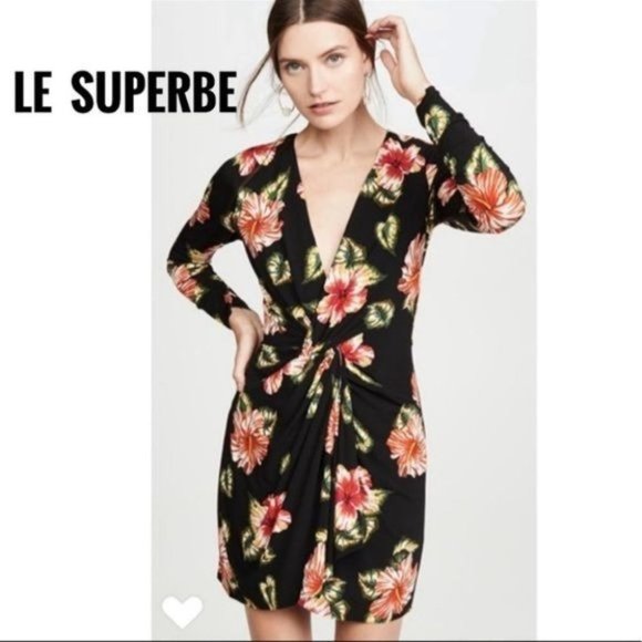 LE SUPERBE V Neck Floral Long Sleeve BODY CON Sexy Mini Dress - Picture 2 of 16